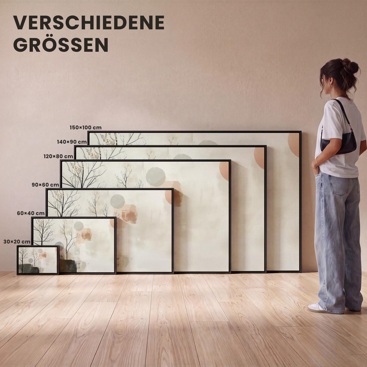 LEINWAND Bilder mit Rahmen - Wabi sabi - Beige - Pflanze - 150x100 - Sandfarben, Textil (150/100cm) - MuchoWow