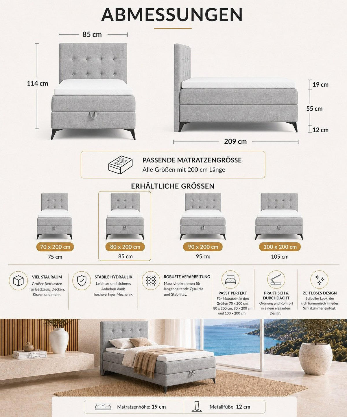 BOXBETT K15 Single SLIM mit Bettkasten & Bonell-Federkern ohne Topper - Hellgrau, Holz/Textil (200/80cm) - Best For Home