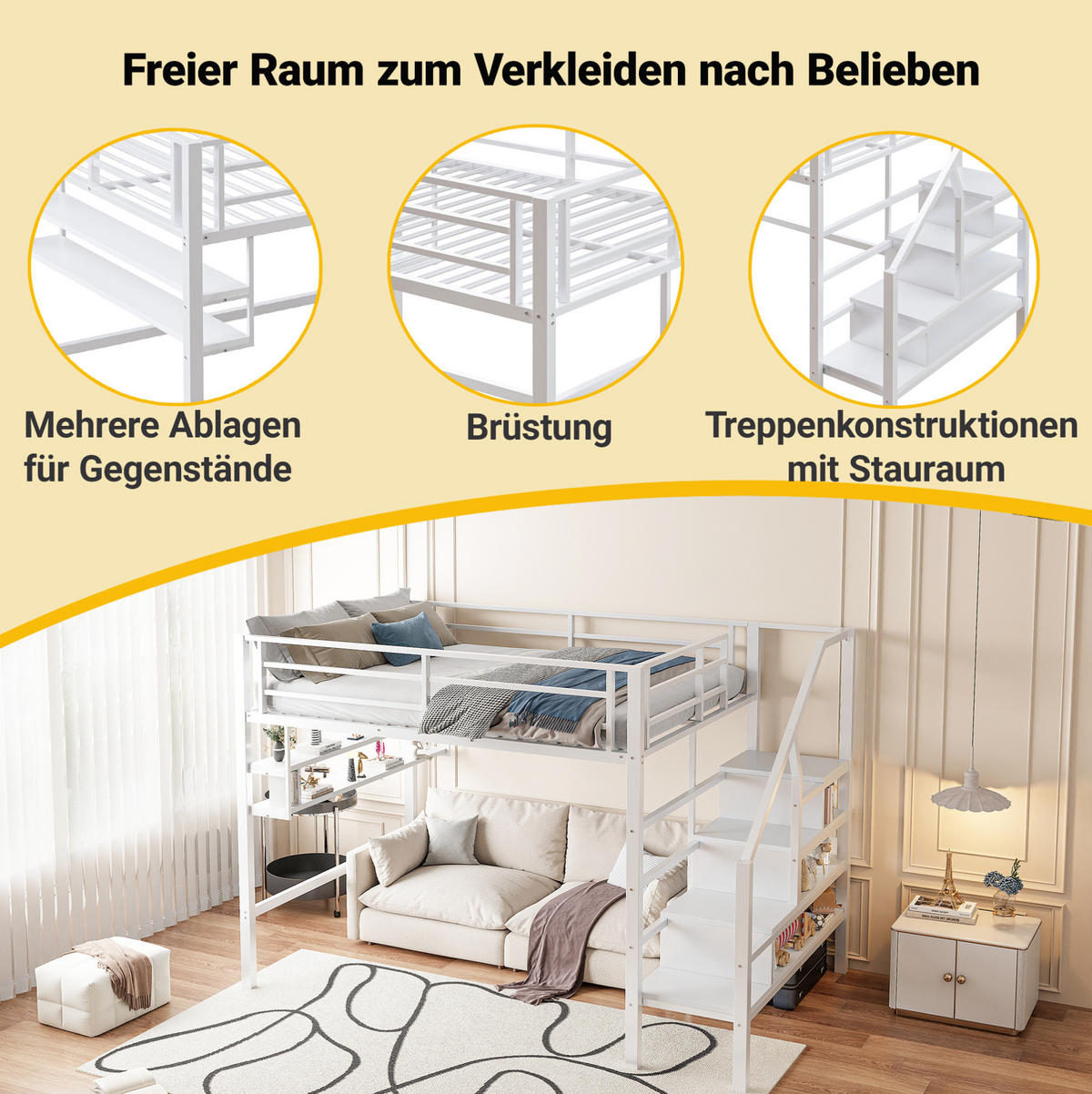 HOCHBETT 140/200 cm in Weiß mit Stauraumleiter und Regalen - Weiß, Metall (140/200cm) - Flora Grace