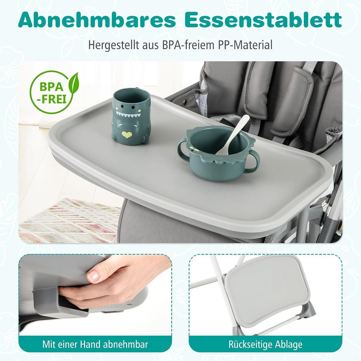 KINDERHOCHSTUHL mit Liegebereich grau - Grau, Kunststoff (80/98/58cm) - COSTWAY