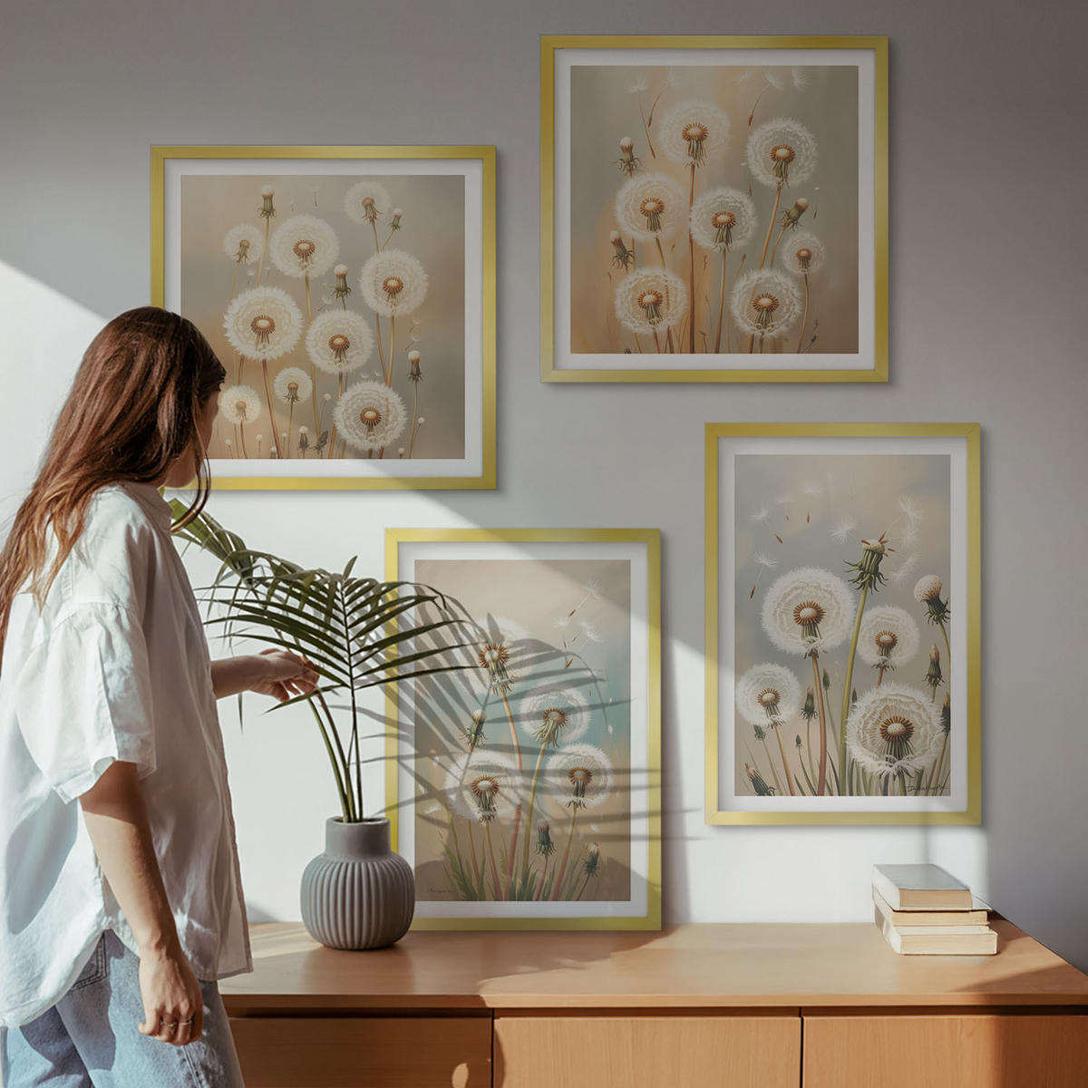 WANDBILDER 4er Set - 50x50 cm & 40x60 cm Goldrahmen - Pastellfarbene Löwenzahnblüten - Goldfarben, Kunststoff (50/50cm) - ArtPrintCave