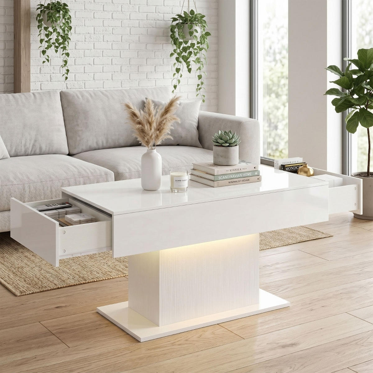 COUCHTISCH DE-37204 mit LED und 2 Schubladen Weiß - Weiß, Holzwerkstoff (108/48/55cm) - ComfortXL