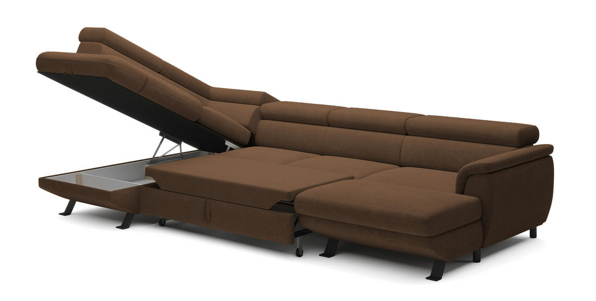 ECKSCHLAFSOFA Raven XL, Verstellbaren Kopfstützen, Bettkasten, Großes Sofa 334x198x162cm Linke, Rost - Rostfarben, Holz/Textil (198/334cm) - DomoHome