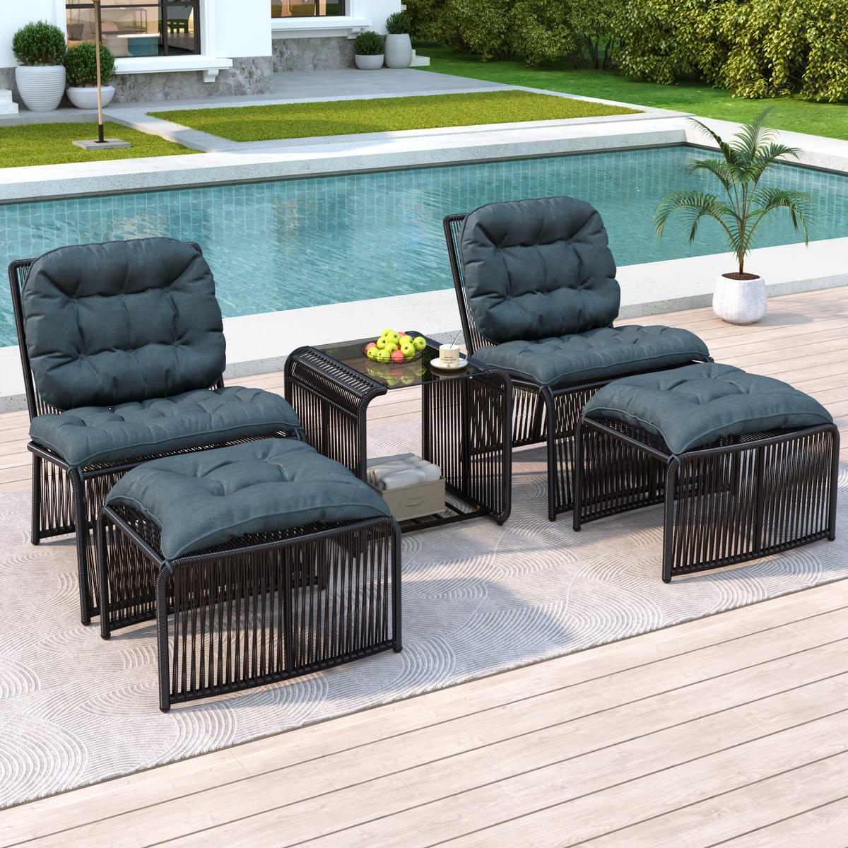 GARTENSET Rattan 5 tlg Tisch Stühle Hocker - Schwarz, Metall - LEBENLANG