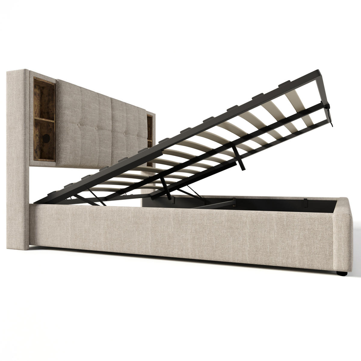 POLSTERBETT mit Stauraum & Ladestation 160x200 cm Leinen Natürlich inkl. Matratze - Beige, Metall (160/200cm) - Meubliv