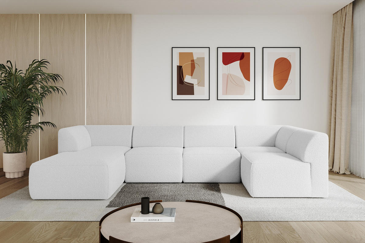 WOHNLANDSCHAFT Ottomane Links MOVA 345x180x78 Weiß Bouclé - Schwarz/Weiß, Holzwerkstoff/Kunststoff (180/78/345cm) - ALTDECOR