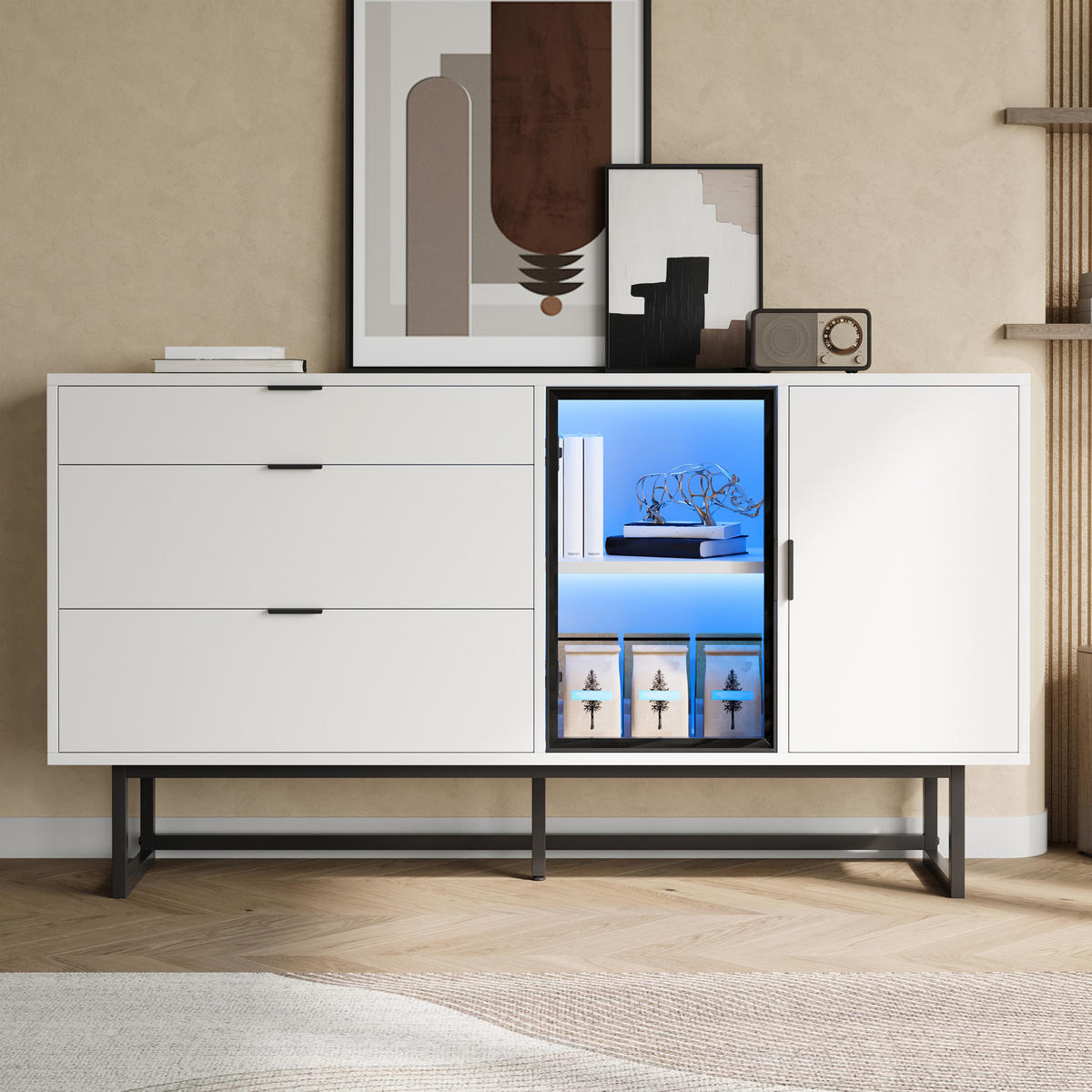 SIDEBOARD Weiß Glas Türen 3 Schubladen LED - Weiß, Holz (160/78/36cm) - LEBENLANG