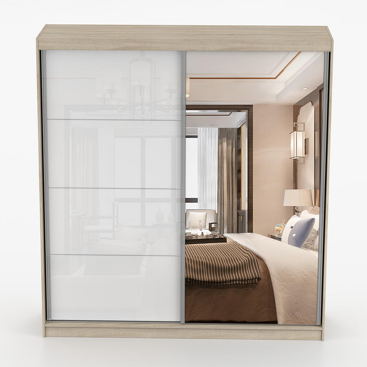 SCHWEBETÜRENSCHRANK 203/218/61 cm 2-türig Pola 35 Sonoma Eiche/Weiß Semigloss - Weiß Hochglanz/Alufarben, Glas/Holzwerkstoff (203/218/61cm)