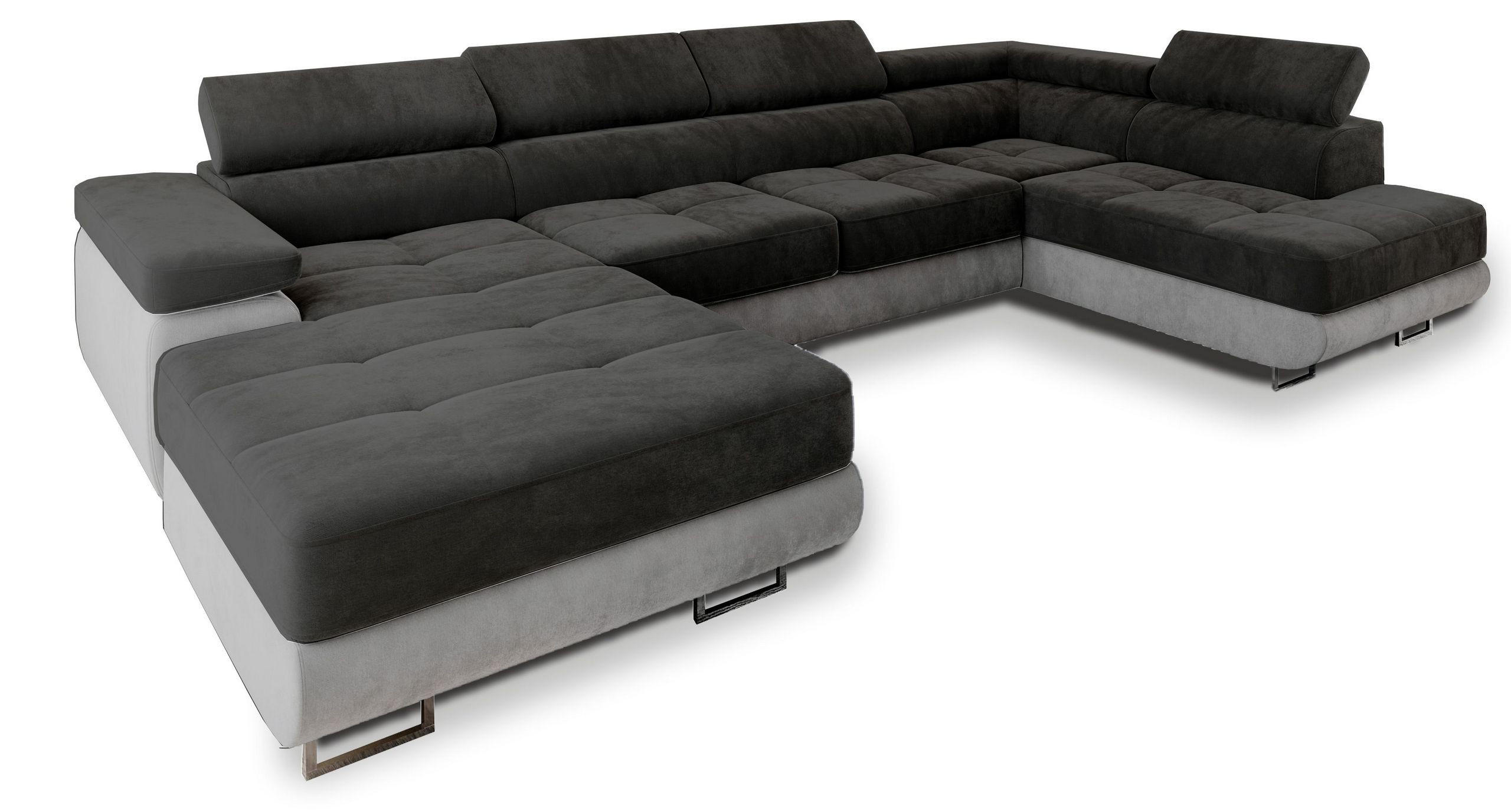 WOHNLANDSCHAFT CASONE R-S Schwarz Velours-Stoff mit Schlaffunktion - Schwarz, Holz (345/90/202cm) - MASSENO