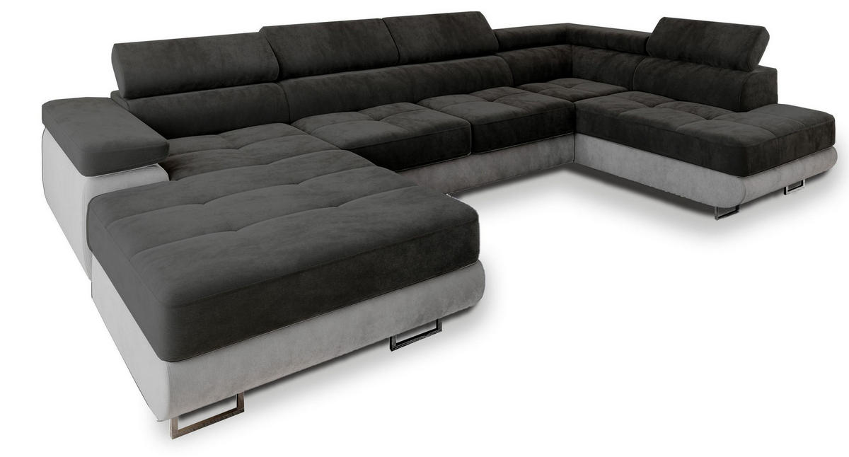 WOHNLANDSCHAFT CASONE R-S Schwarz Velours-Stoff mit Schlaffunktion - Schwarz, Holz (345/90/202cm) - MASSENO