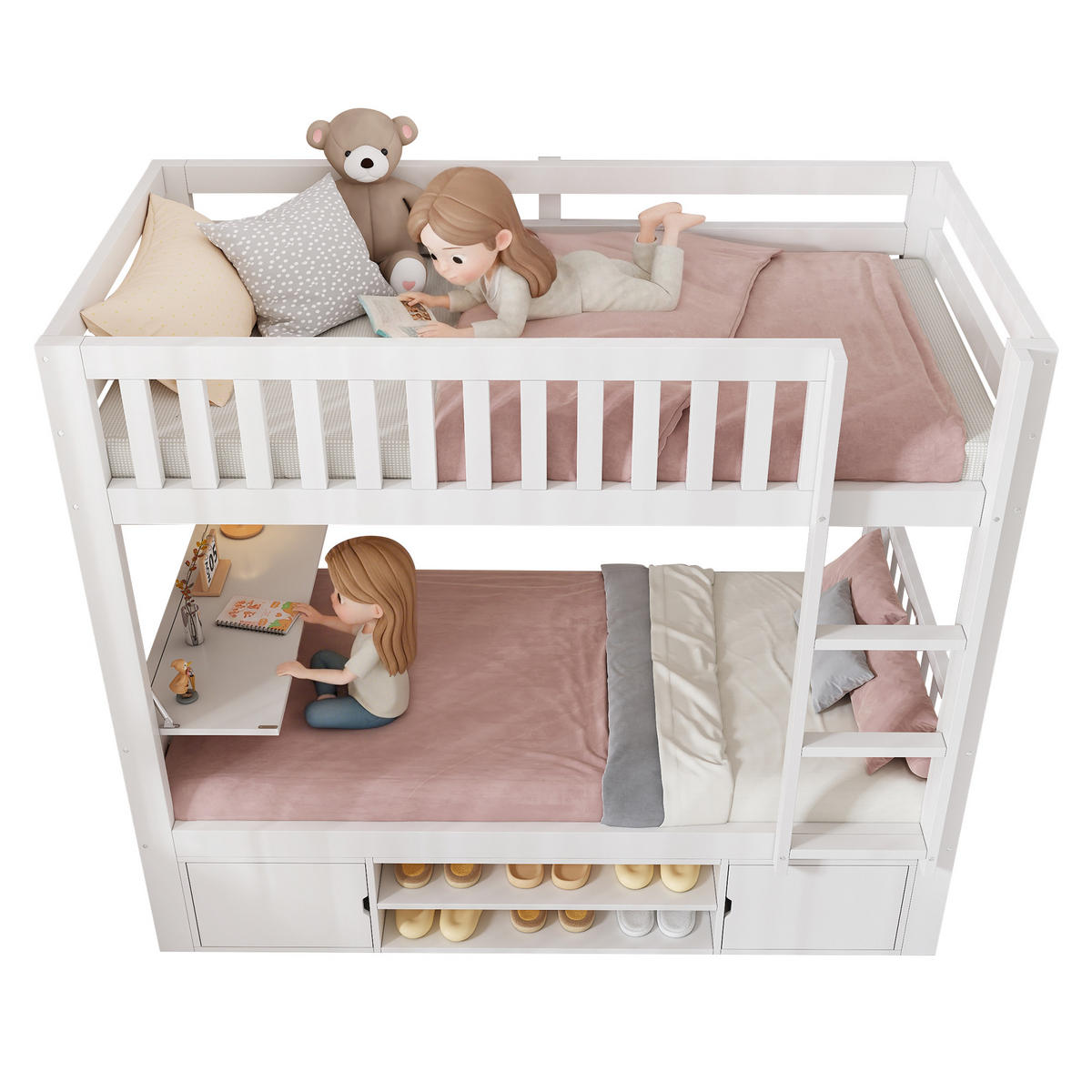 ETAGENBETT 90/200 cm mit klappbarem Tisch, Schuhregal und Stauraum, Weiß - Weiß, Holzwerkstoff (90/200cm) - Redom