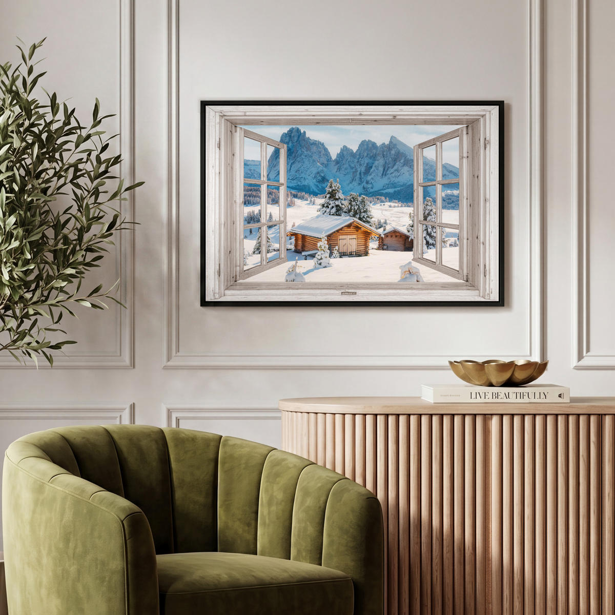 LEINWAND Bilder mit Rahmen - Winterlandschaft - Hütte - Berge - Ausblicke - Aussicht - Natur - 60x40 - Weiß Hochglanz, Textil (60/40cm) - MuchoWow