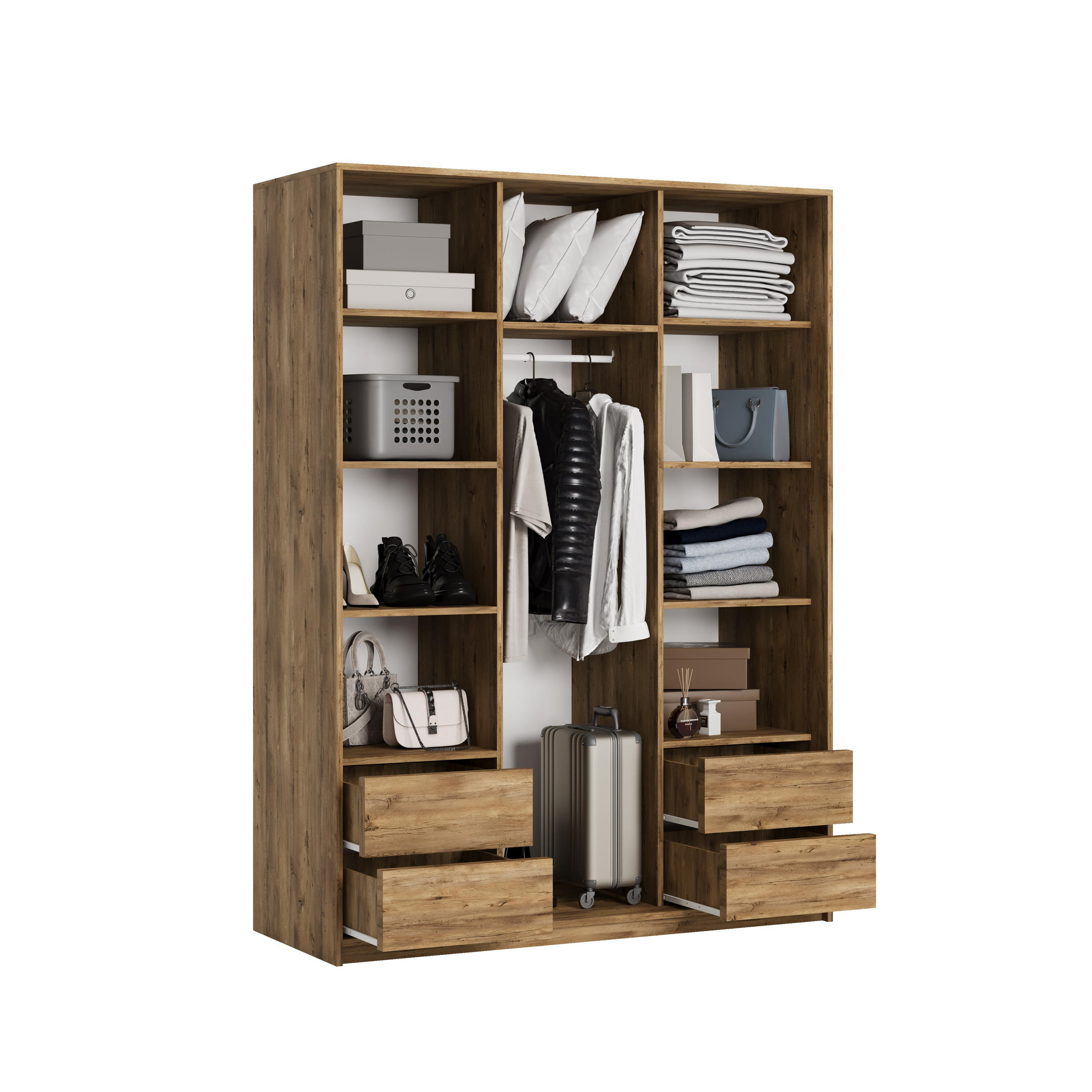 Thumbnail - Masseno Schwebetürenschrank, Eiche, Holzwerkstoff, 9 Fächer, 4 Schubladen, Rechteckig, 150x205x60 cm, Schlafzimmer, Klei...