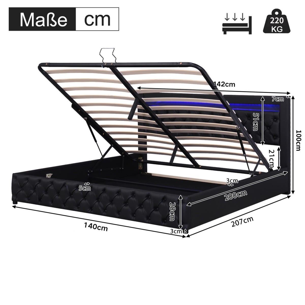 BETT mit Bettkasten und LED 140x200 cm PU Schwarz - Schwarz, Metall (140/200cm) - Meubliv