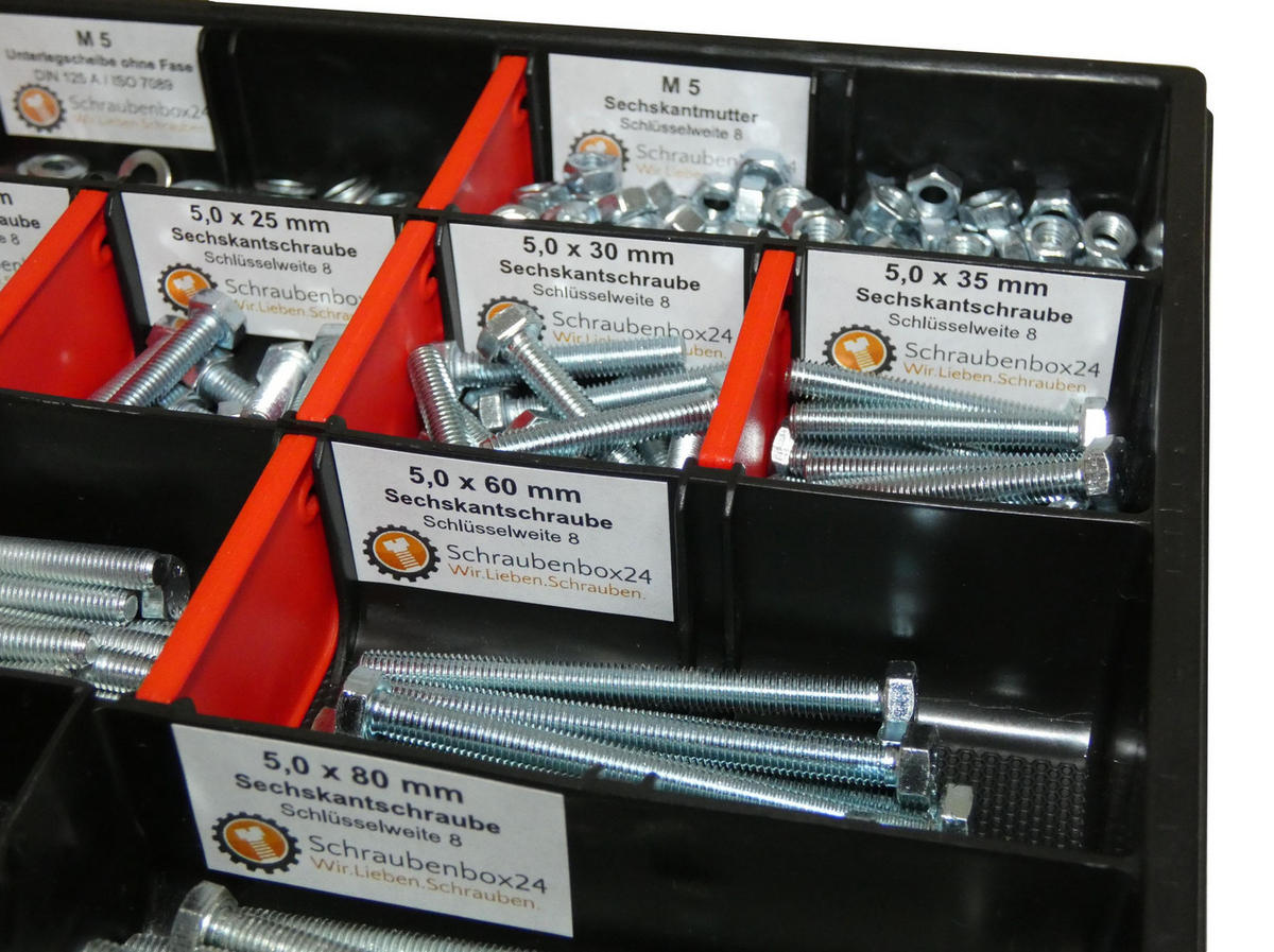 SCHRAUBENSET mit Sechskantschrauben, Muttern, Unterlegscheiben und Federringen M5 // 12mm-80mm 700 tlg - Zinkfarben, Metall (3.5cm) - Schraubenbox24