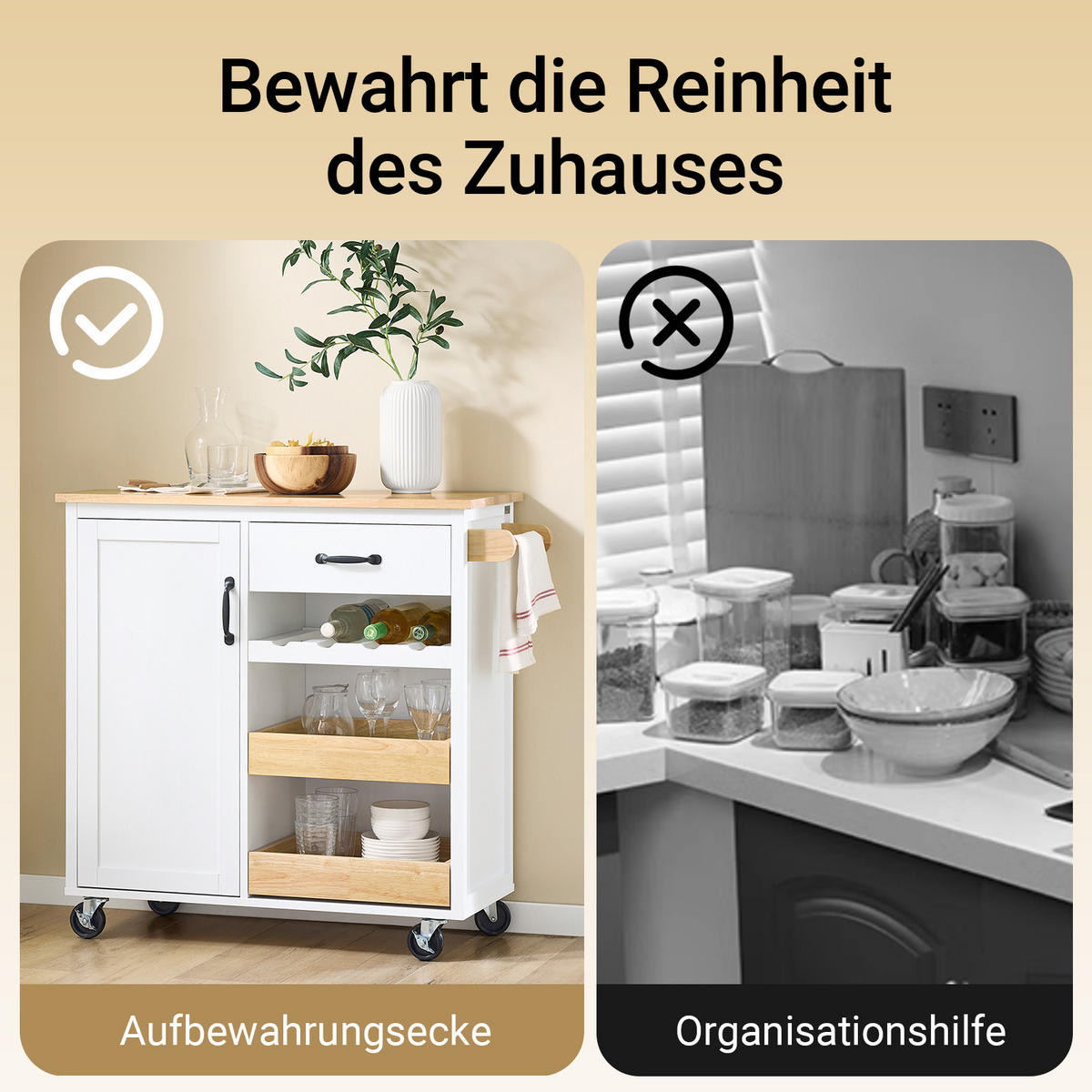 KÜCHENWAGEN mit Gummibaum-Arbeitsplatte - Weiß, Holz/Holzwerkstoff (92/87/42cm) - SoBuy