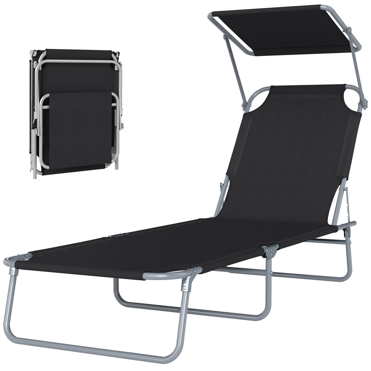 SONNENLIEGE Klappbare mit mehrfach verstellbarer Rückenlehne und verstellbarem Sonnenschutz,187x58x36 cm ,Schwarz - Schwarz, Metall (58/36/187cm) - Vallsero