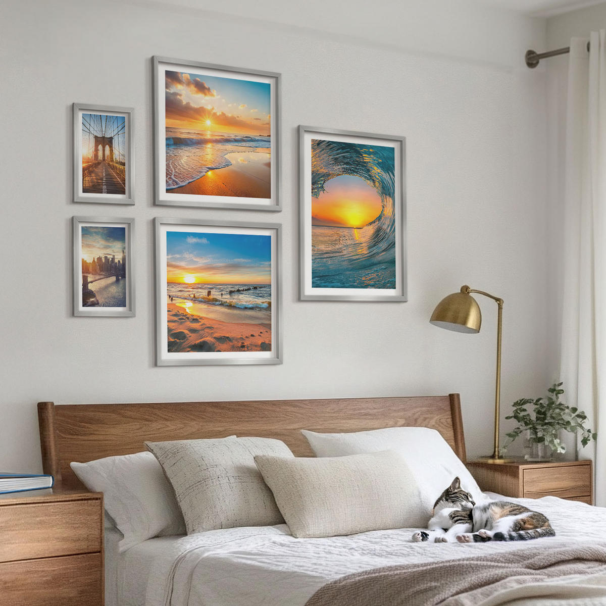BILDER SET 5er Set - 50x50 cm & 20x30 cm & 40x60 cm Silberner Rahmen - Brücken, Sonnenuntergänge, Stadt - Silberfarben, Kunststoff (40/60cm) - TULUP