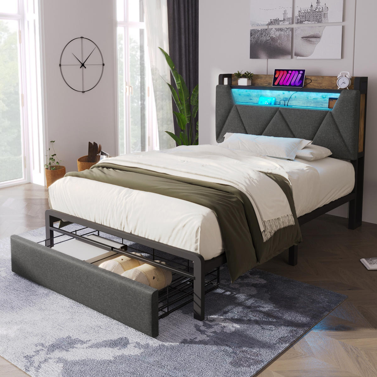 BETT aus Leinen 90x200 cm Grau mit LED, USB-C, Stauraum-Kopfteil und Schublade - Grau, Textil (90/200cm) - Modfu