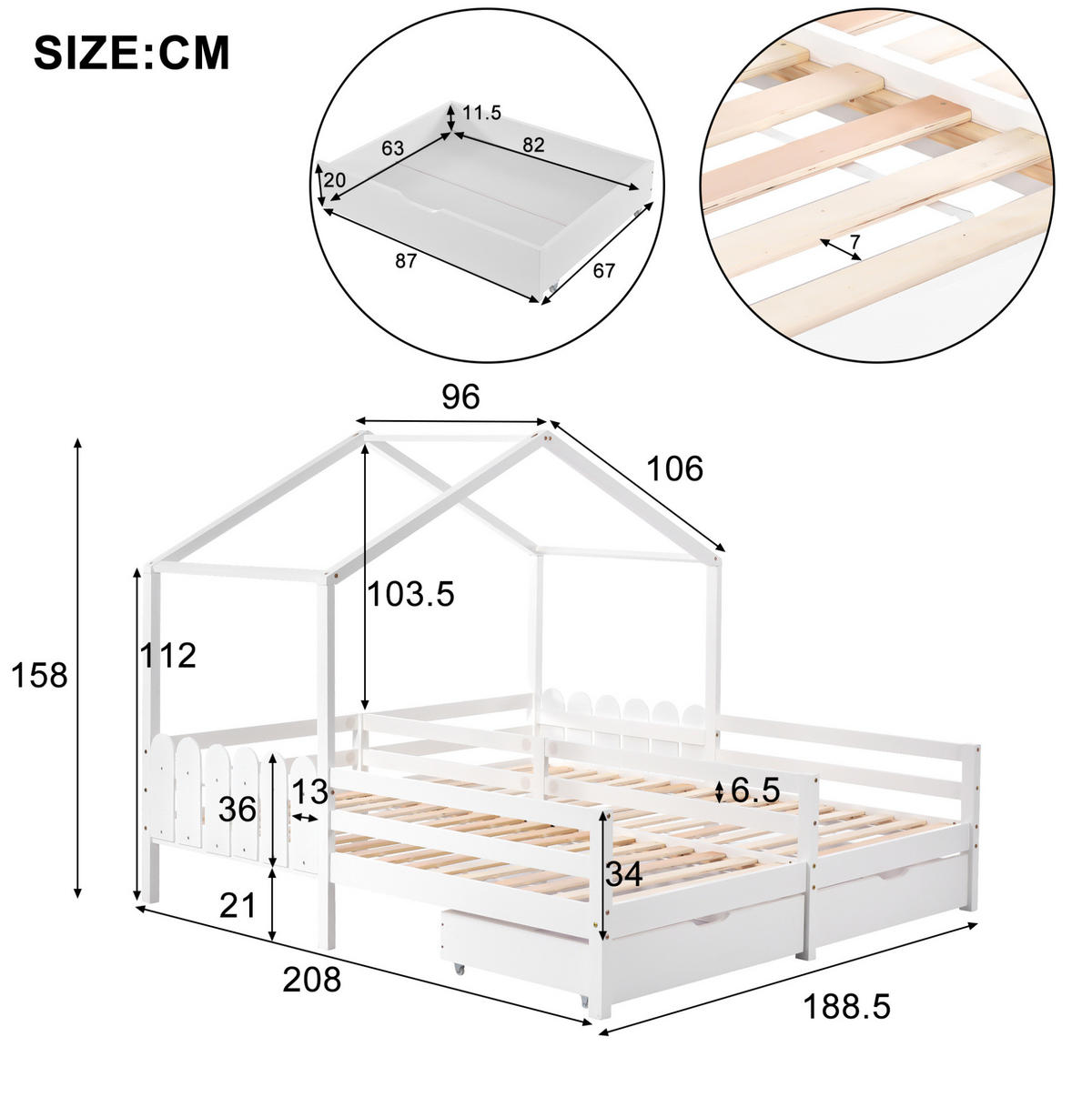 KINDERBETT Hausbett 2 x 200/90 cm mit 2 Schubladen, Schutzgitter gestell, Weiß - Weiß, Holzwerkstoff (90/200cm) - Redom