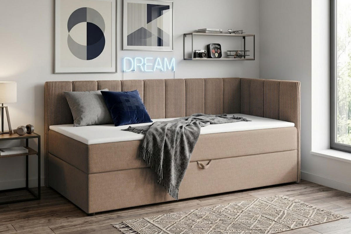 BOXBETT VIGO 90/200 cm in Cord/Velours Beige H4 rechts - Beige, Holz/Holzwerkstoff (90/200cm) - Deine Möbel 24