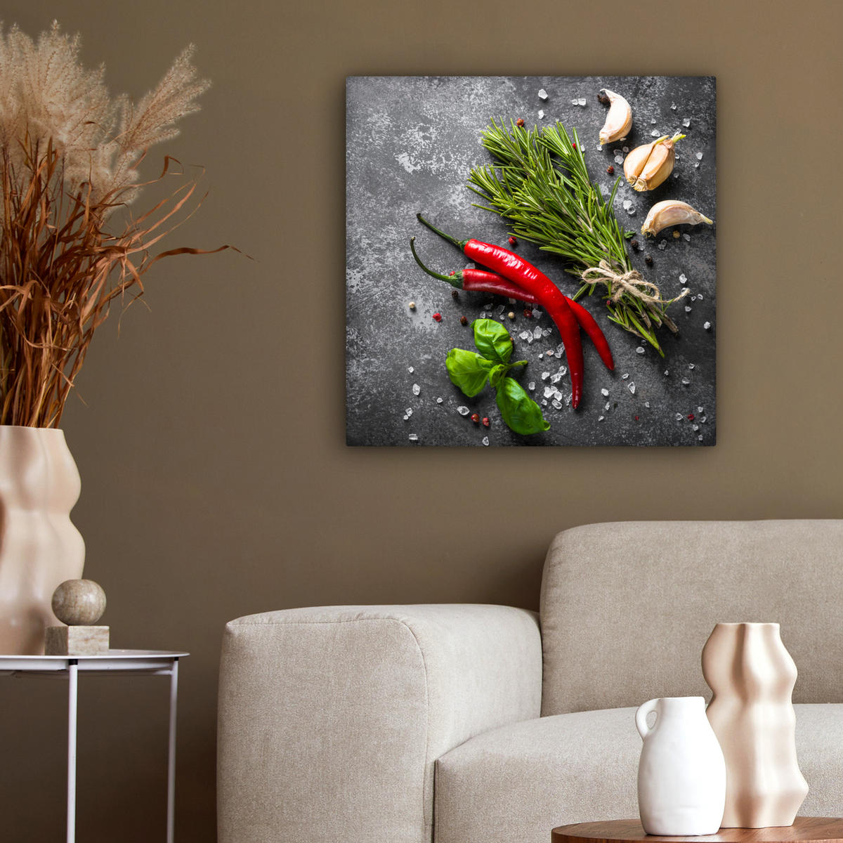 LEINWANDBILD Pfeffer - Kräuter - Gewürze - Beton 50x50 cm - Dunkelgrau, Textil (50/50cm) - MuchoWow