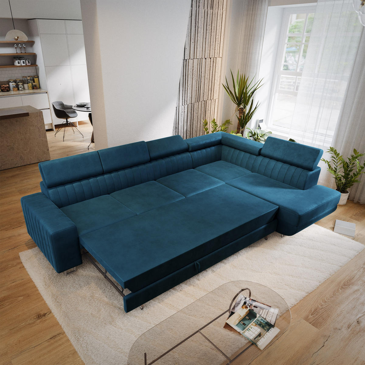 ECKSOFA HESTION Blau Velours-Stoff mit Schlaffunktion - Blau, Holz (332/190cm) - MASSENO