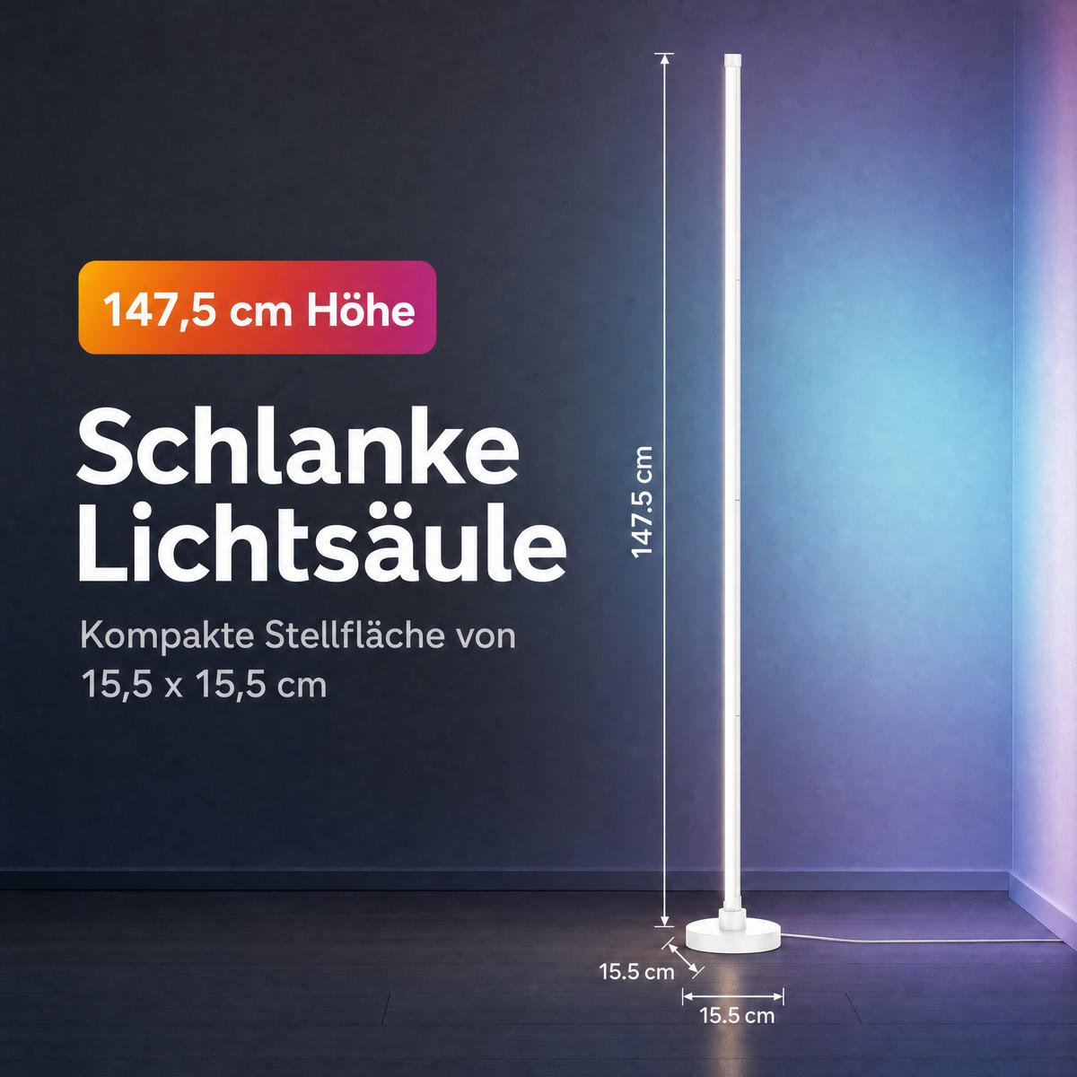 LED-ECKLAMPE - mit Fernbedienung und Soundsensor für RGB- und warmweißes Licht - Weiß, Kunststoff (15.5/15.5/147.5cm) - Northpoint