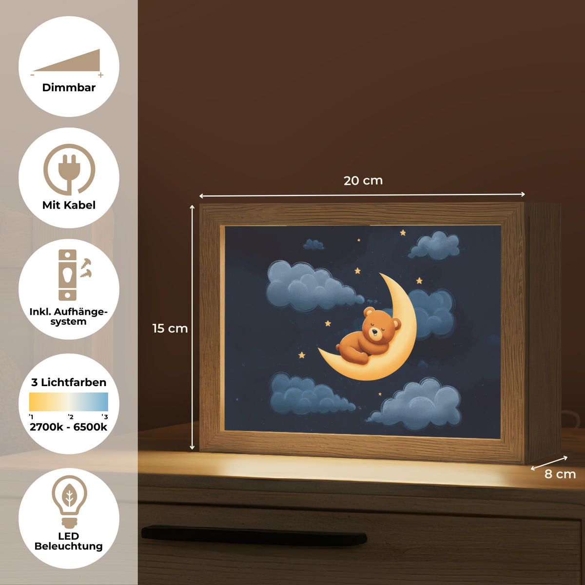 NACHTTISCHLAMPE Teddybär - Mond - Wolken - Sterne 20x15 cm - Dunkelblau, Holzwerkstoff (8/20/15cm)