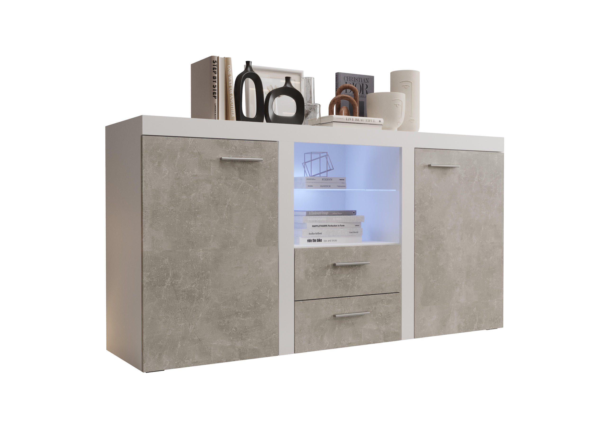 KOMMODE London LRK mit 2 Türen, Sideboard in Farbe: Weiß|Grau, Größe: 156 x 82 x 40 cm - Weiß/Grau, Holzwerkstoff (156/82/40cm) - O-Sofa