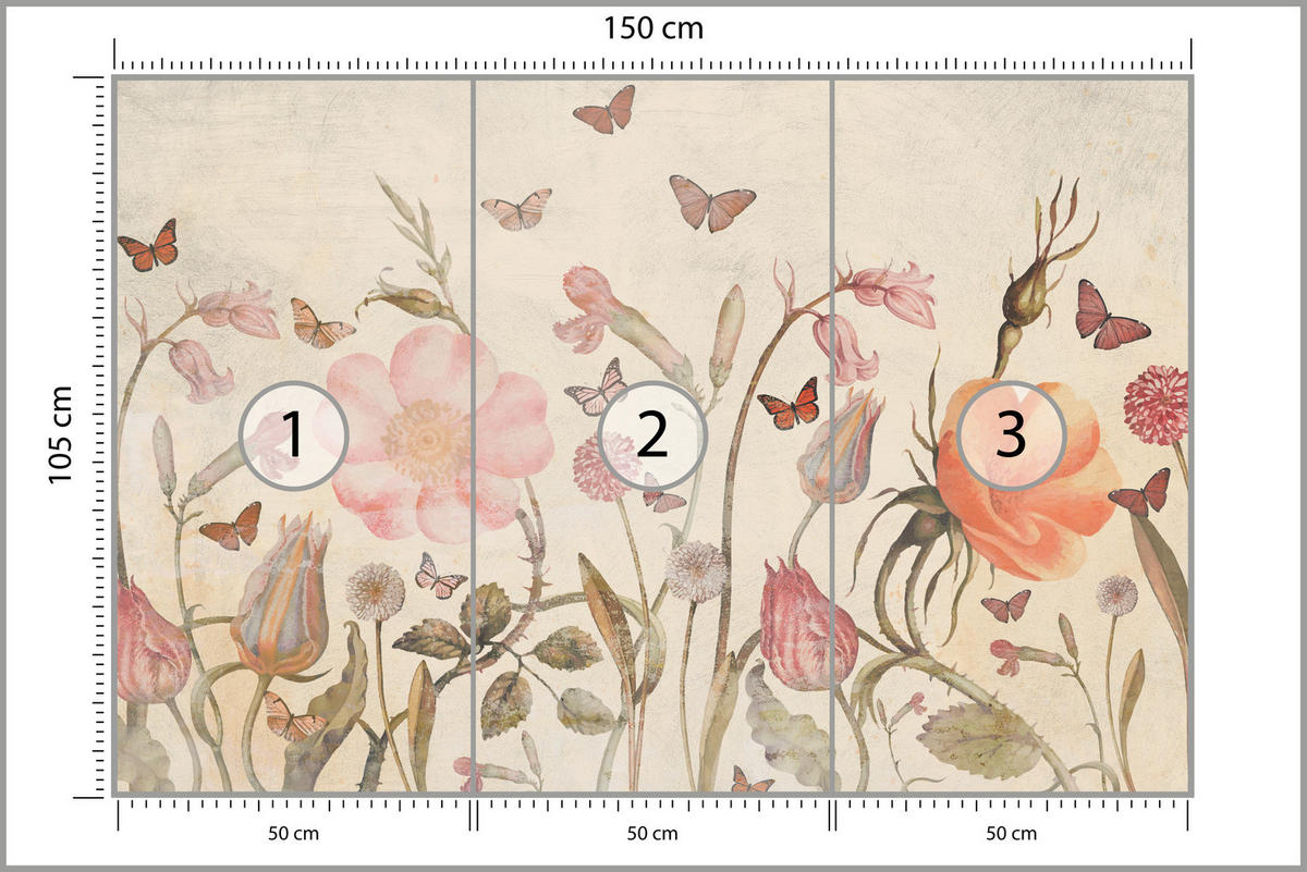 FOTOTAPETE für Kinderzimmer Wiesenblumen Aquarell Schmetterlinge Boho 150x105 - Beige/Rot, Papier (150/105cm) - Muralo