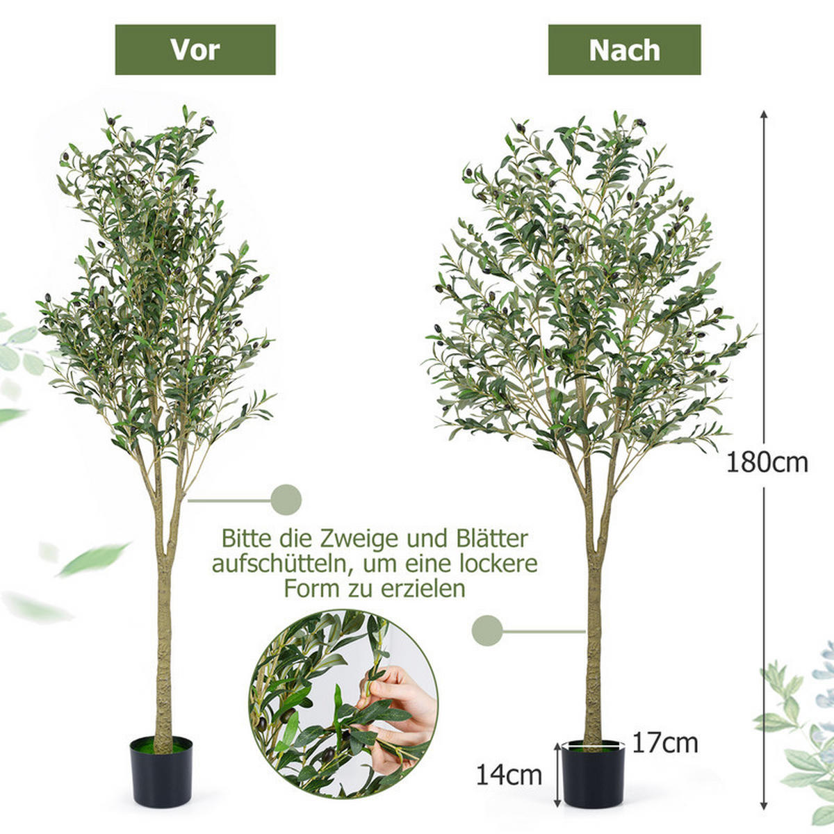 KUNSTOLIVENBAUM mit Zementtopf grün(2er-Set) - Grün, Kunststoff (180cm) - COSTWAY