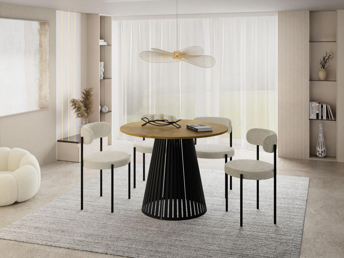 ESSTISCH Naro rund ausziehbar mit Schwarzem Lamellen-Metallgestell, Braun 120-200/120/76 cm - Eichefarben/Schwarz, Holzwerkstoff/Metall (120/120/76cm) - WFL GROUP
