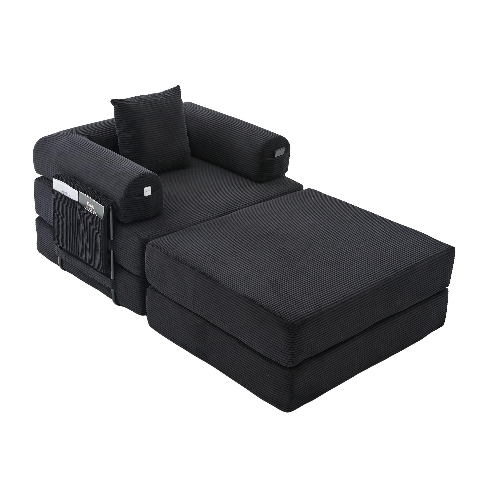 SESSEL mit Hocker 112/190/67 cm frei kombinierbar, Cordbezug, ergonomisch und montagefrei, Schwarz - Schwarz, Textil (190/67/112cm) - Redom