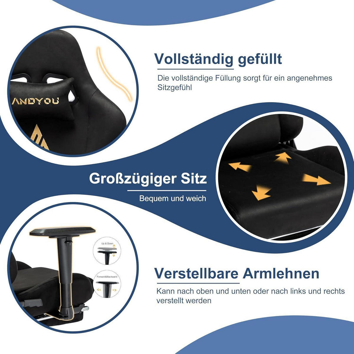 GAMING Stuhl mit Fußstütze und Lendenkissen, schwarz - Schwarz, Kunststoff (59/32/85cm)