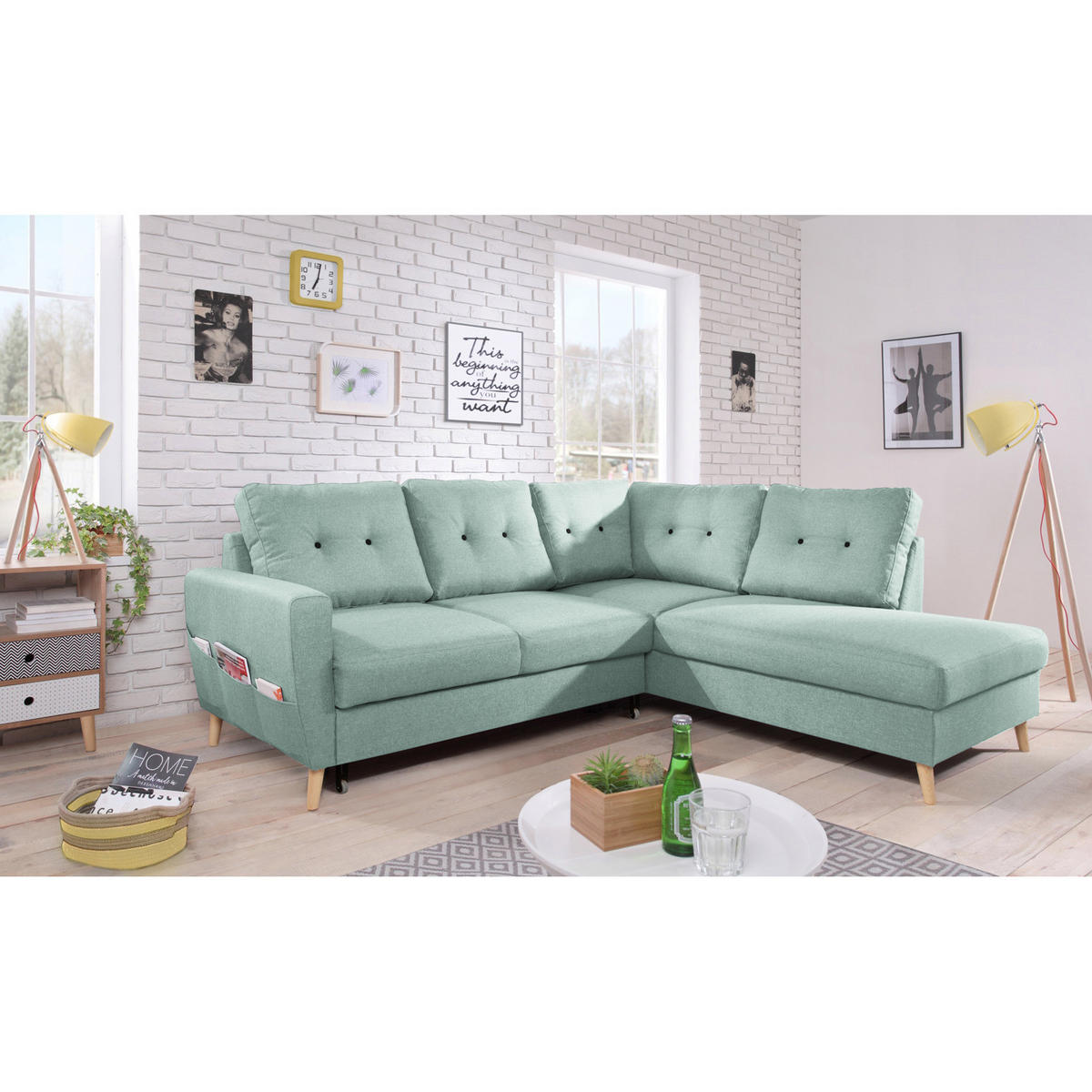 ECKSOFA mit Ottomane - Webstoff - Hellbraun/Mintgrün, Textil (230/200cm) - home24