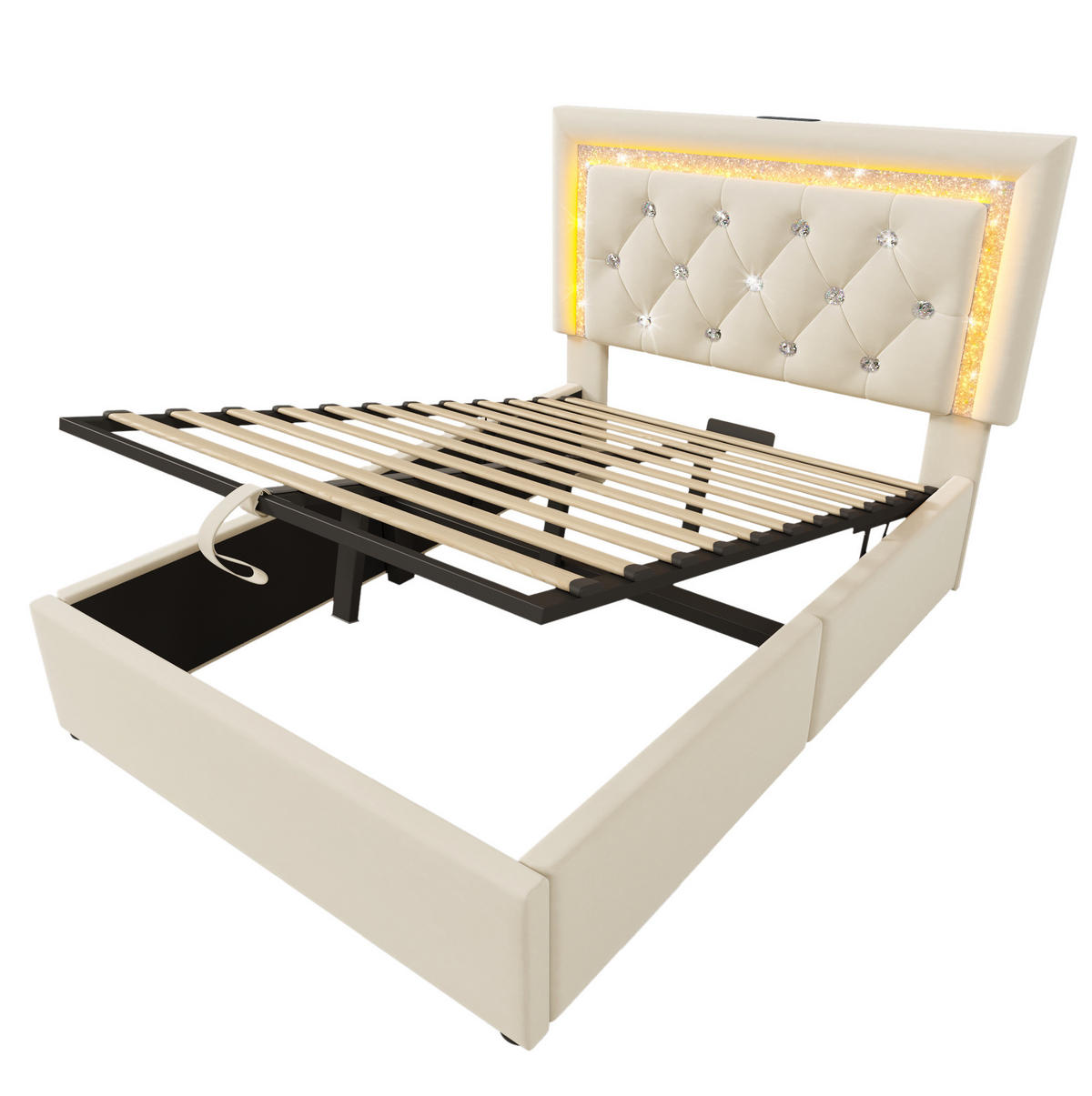 POLSTERBETT 90/200 cm mit LED-Beleuchtung, USB- und Type-C-Anschluss, hydraulischem Bettkasten, Samtbezug, Beige - Beige, Textil (90/200cm) - Redom