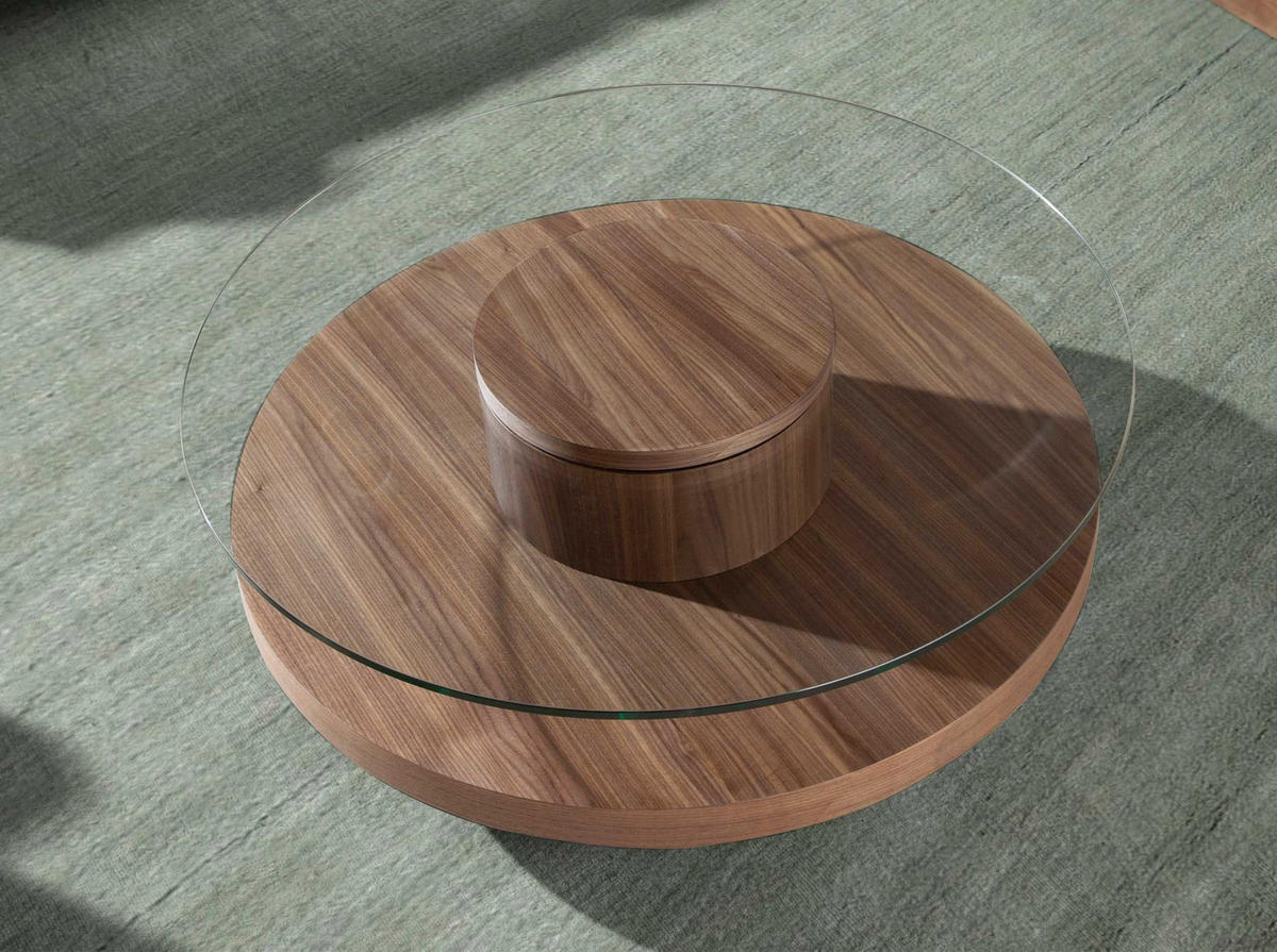 COUCHTISCH Runder aus gehärtetem Glas und Nussbaumholz Ø100/35 cm - Transparent/Nussbaumfarben, Glas/Holz (100/100/35cm) - ANGEL CERDA