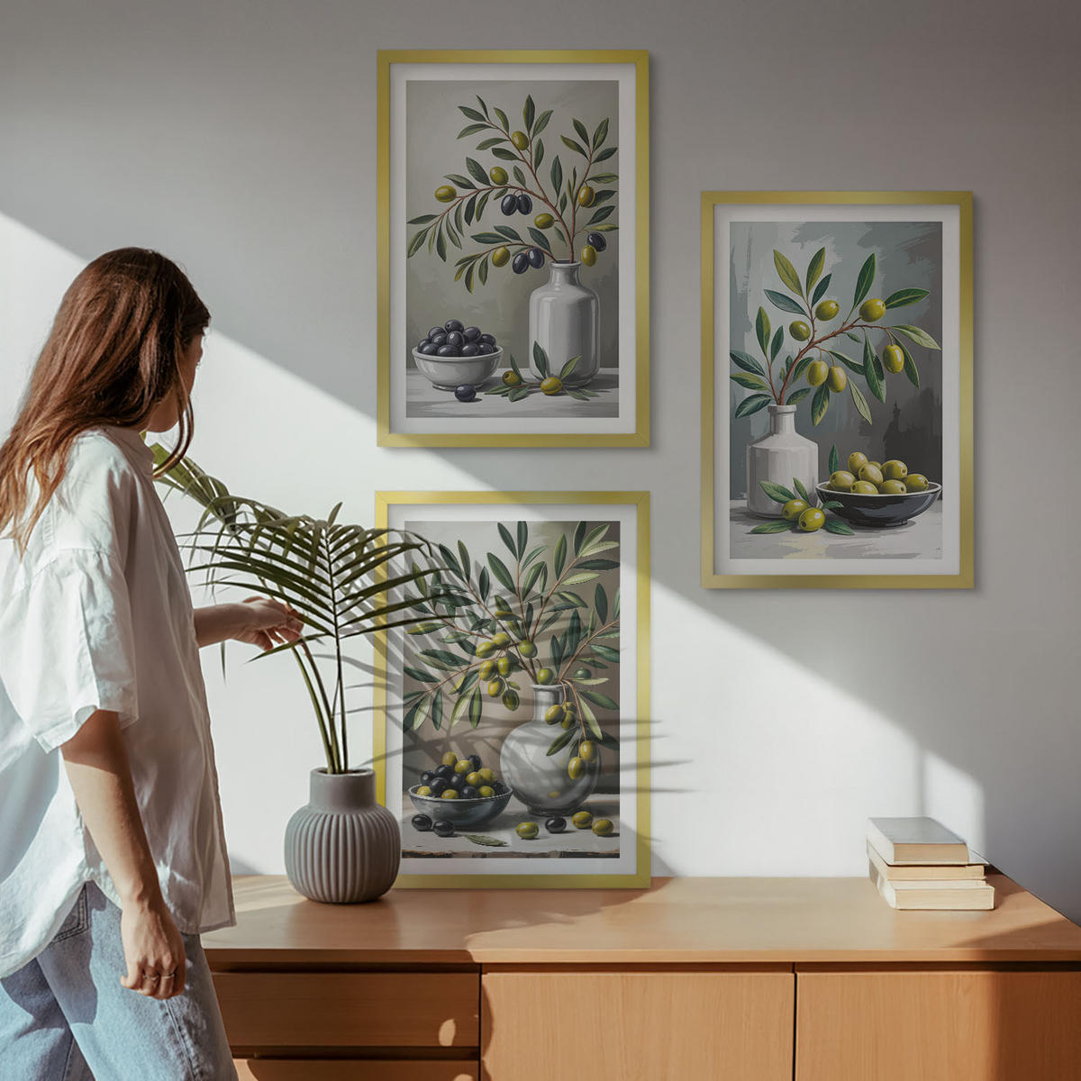 WANDBILDER 3er Set - 40x60 cm Goldrahmen - Keramik olivgrau - Goldfarben, Kunststoff (40/60cm) - ArtPrintCave