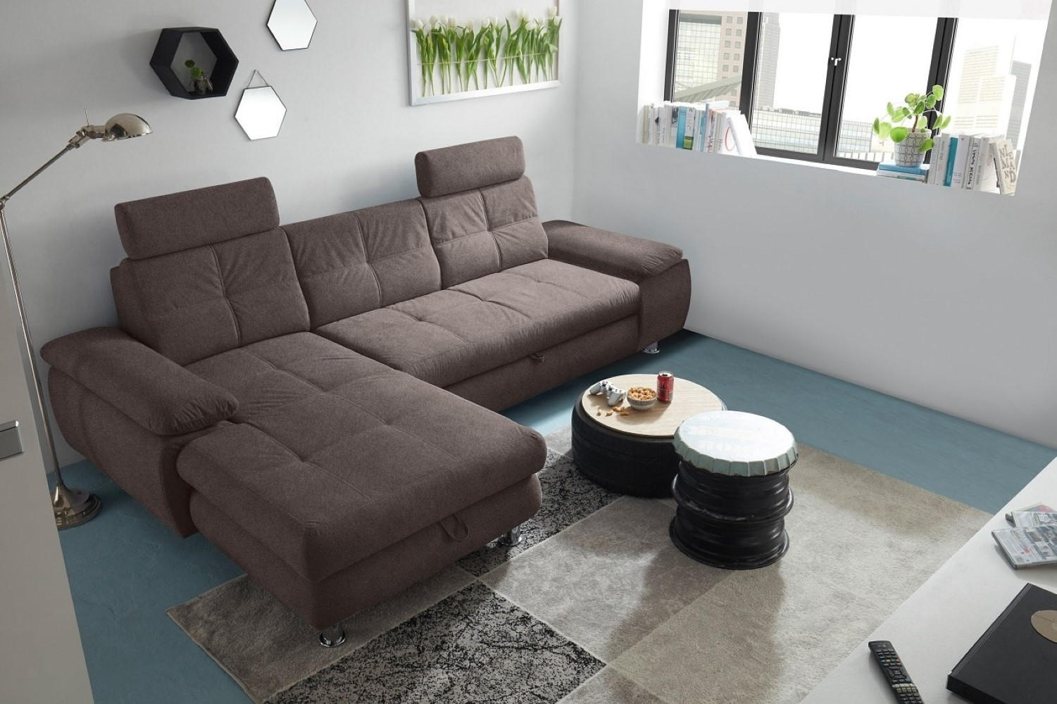 ECKSOFA mit Schlaffunktion und Bettkasten, Brego-Stoff - Chromfarben/Braun, Textil/Metall (274/177cm) - ed exciting design
