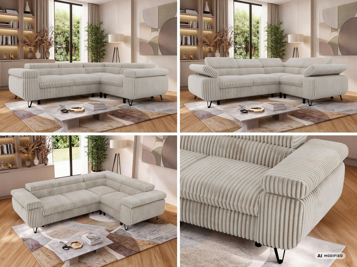 ECKSOFA ORSO L Beige Cord - Rechts Seite - Beige/Creme, Textil/Metall (268/197cm) - MKS