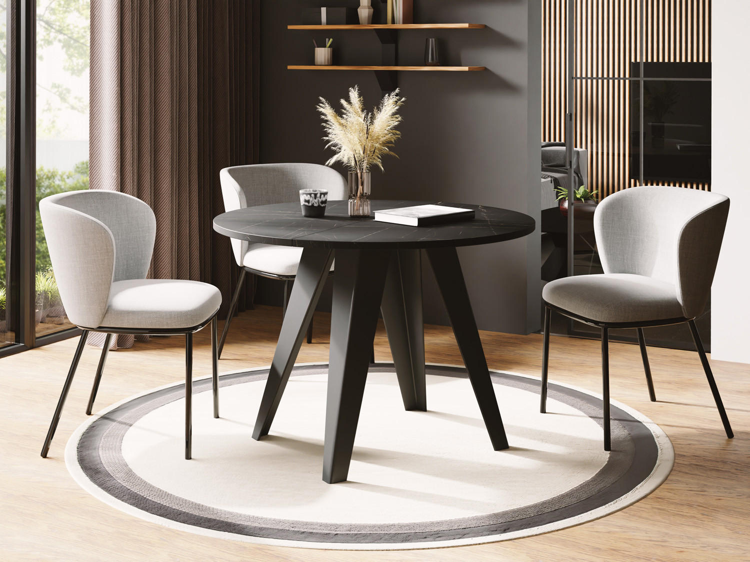 ESSTISCH Glory runder ausziehbarer, Marmor Schwarz 90-130/100/76 cm - Anthrazit/Schwarz, Holzwerkstoff/Metall (90/90/76cm) - WFL GROUP