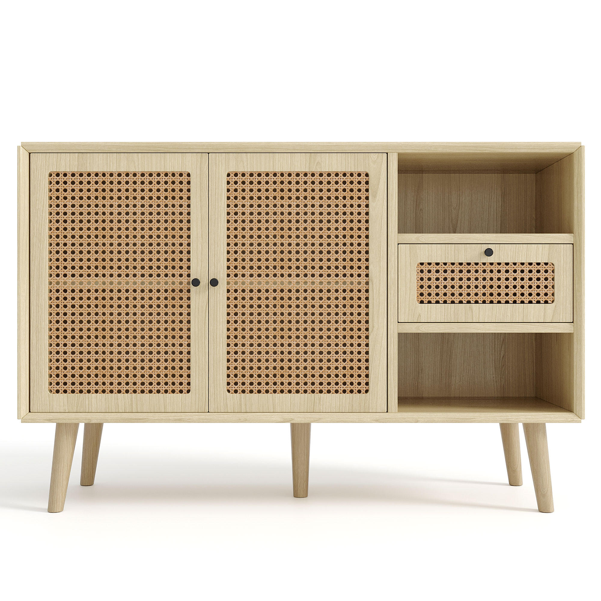 SIDEBOARD Kommode Rattan 1 Schublade 2 Türen Eiche 120cm Modern - Eichefarben, Holzwerkstoff (120/80/40cm) - FLIEKS
