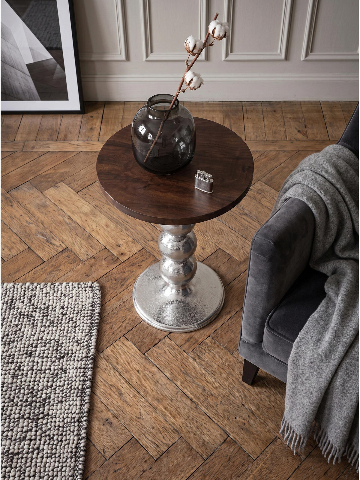 BEISTELLTISCH AMANTEA, Mango Massivholz, Braun-Silber, Ø 50 x 61,5 cm - Silberfarben/Sheeshamfarben, Holz/Metall (50/50/61.5cm) - KADIMA DESIGN
