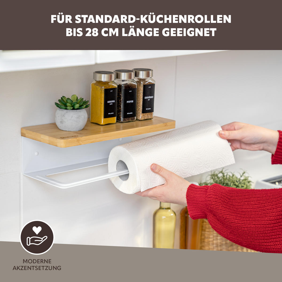 KÜCHENROLLENHALTER mit Bambusablage - Weiß, Metall (32/9.5/13cm) - eluno