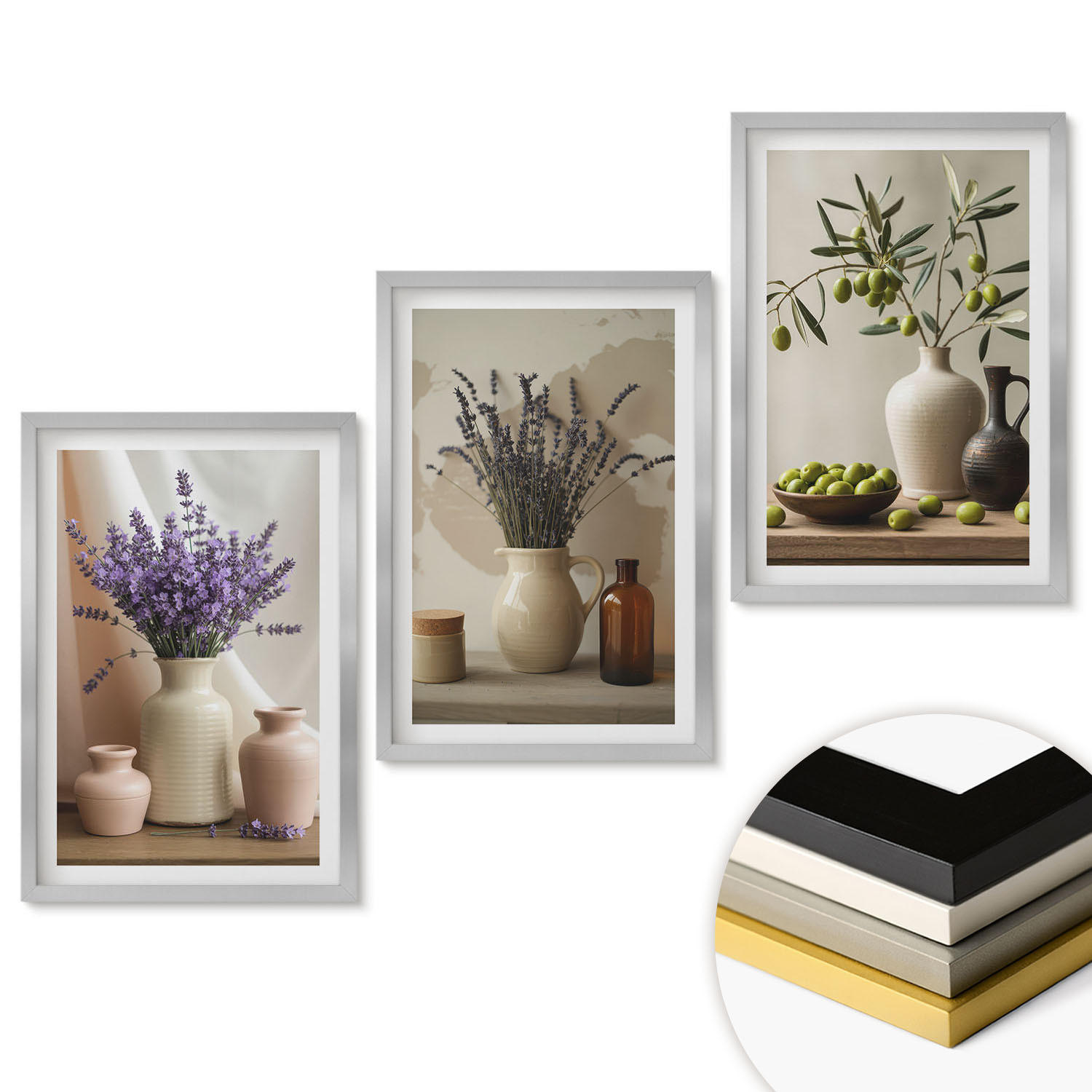 WANDBILDER 3er Set - 40x60 cm Silberner Rahmen - Lavendelblüten, Oliven, Gefäße - Silberfarben, Kunststoff (40/60cm) - ArtPrintCave
