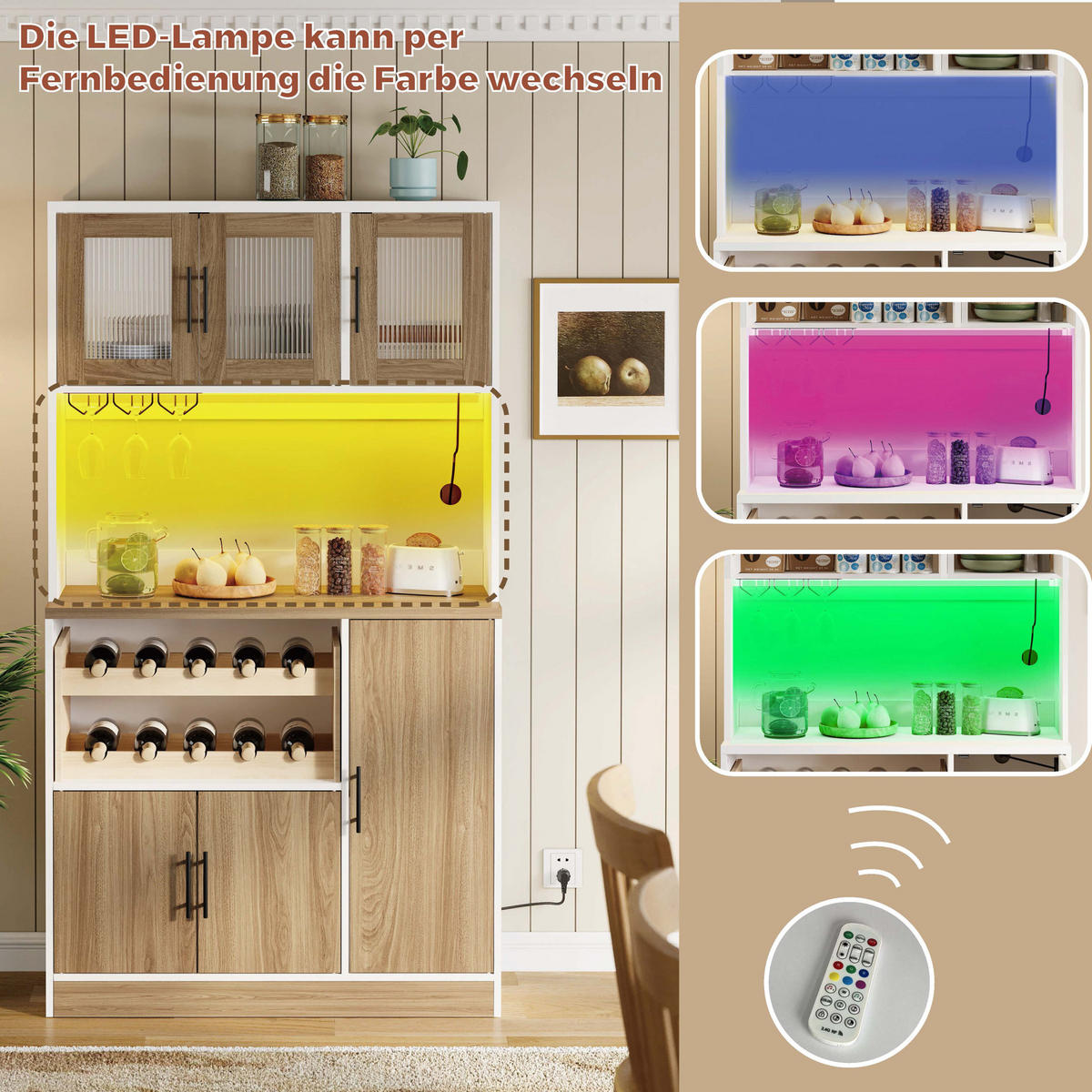 BUFFET aus MDF 100x40x180 cm Weiß/Natur mit LED-Beleuchtung, Steckdosenleiste und Weinregal - Weiß, Holzwerkstoff (100/180/40cm) - Modfu