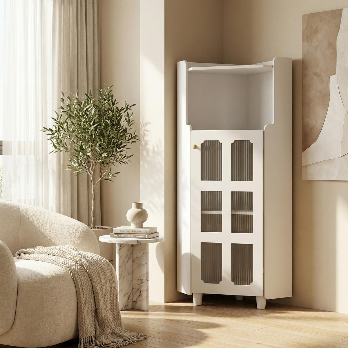 ECKSCHRANK in Weiß lackiert mit App-gesteuerter LED & Glasvitrine - Weiß, Holzwerkstoff (63/124/45cm) - Urban Meuble