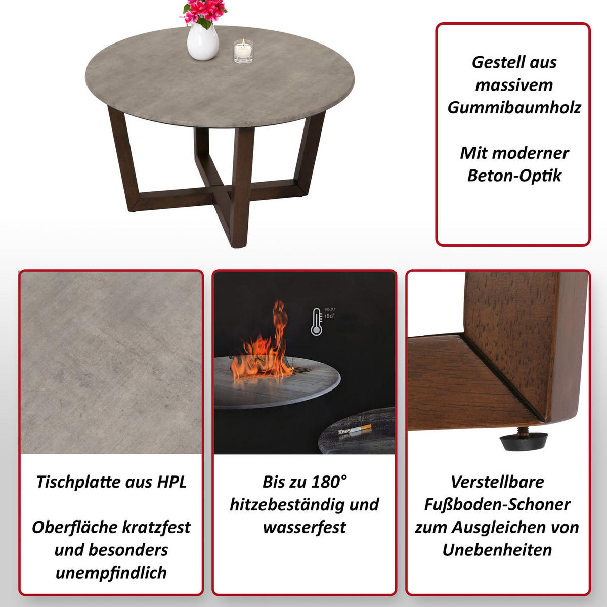 COUCHTISCH rund Beton Dekor - Grau, Holz (80/80/46cm) - MCW