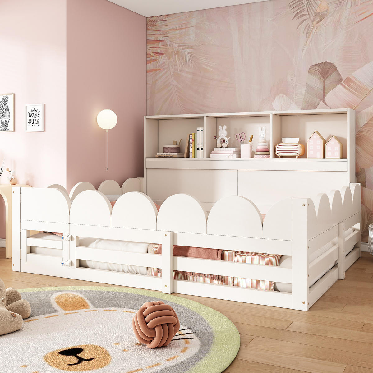 KINDERBODENBETT 140/200 cm aus Holz mit Rausfallschutz Tür und Regal Weiß - Weiß, Holz (90/200cm) - Modenvie
